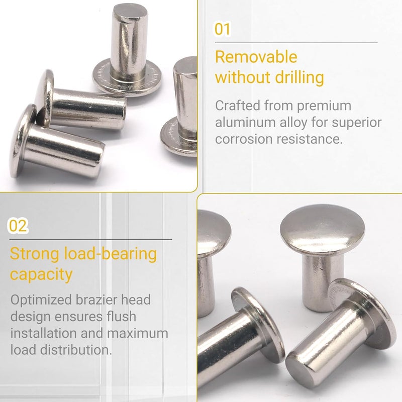 Jersvimc مسامير ألومنيوم 1/4" x 1/2" رأس برازي 120 قطعة ، مسمار صلب للسفن البحرية للمعدن والخشب والبلاستيك - Image 4